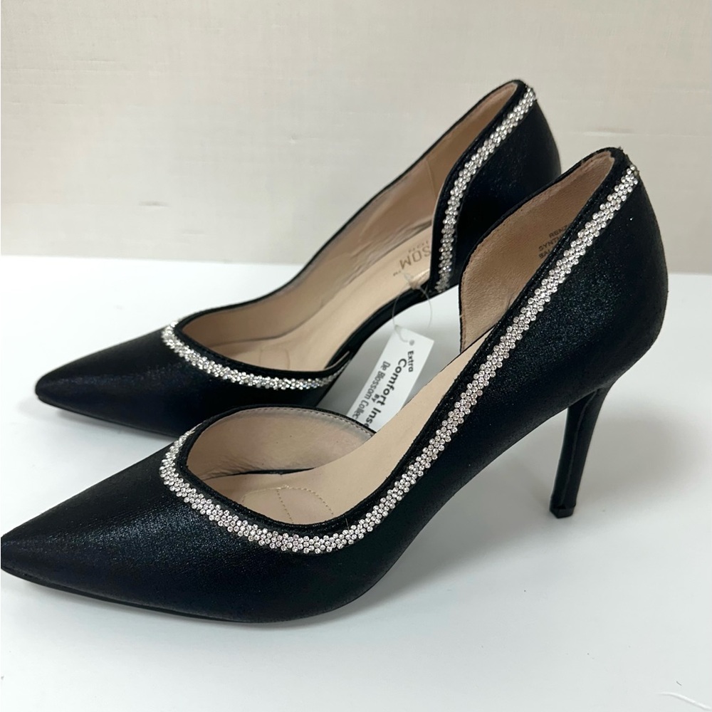Rhinestone Trim Black Pumps High Heel Shoes size 10